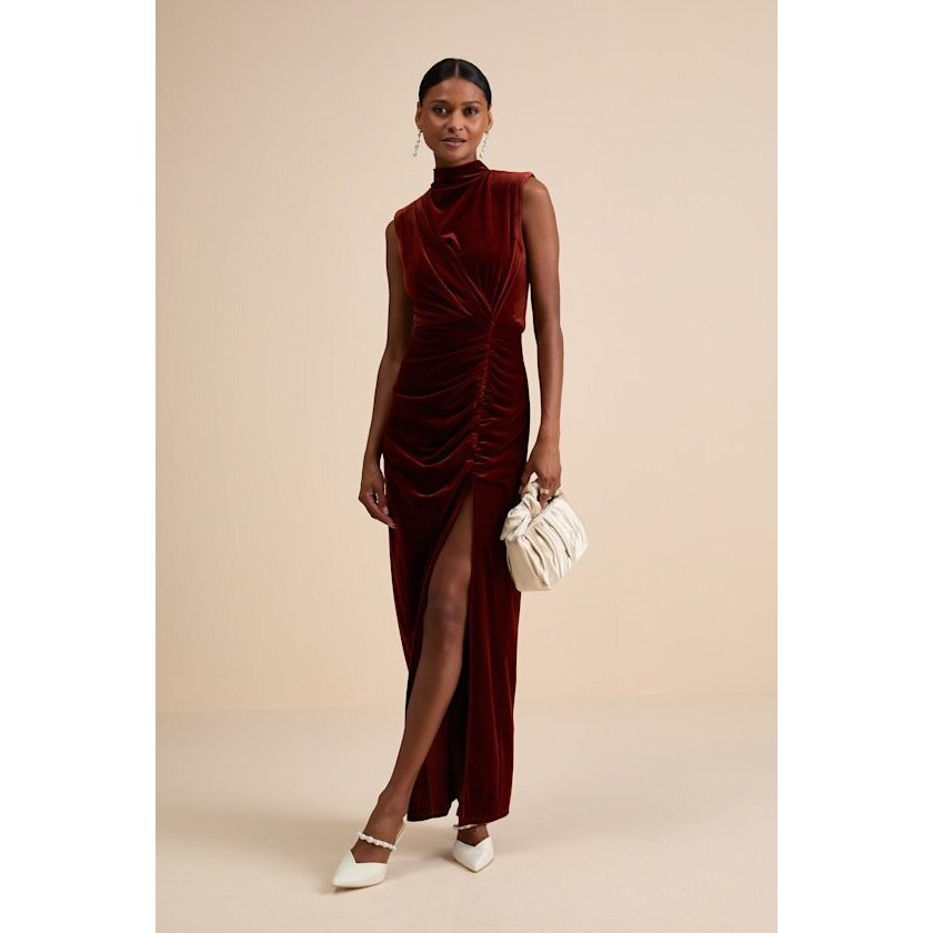 Lulus Alluring Image Rust Red Ruched Velvet Mock Neck Maxi Dress - Size Xl